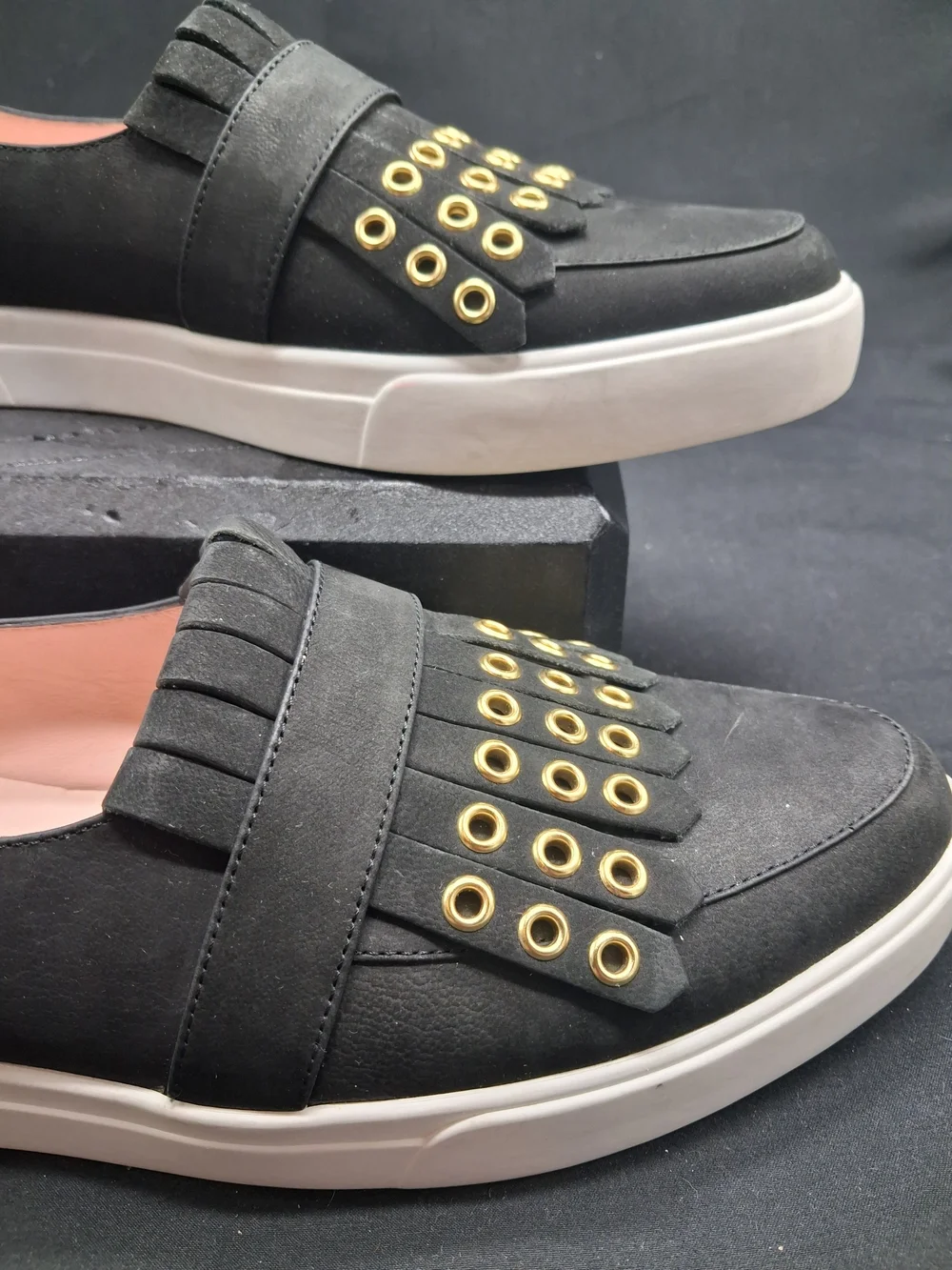 kate spade Black Suede Loafers with Gold Eyelet Detail